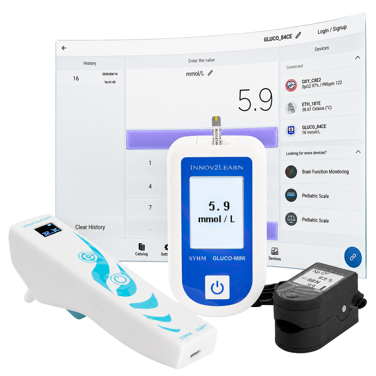 L'app Innov2Learn con Oxi, Ear-T e Gluco-mini collegati; ogni dispositivo mostra il valore impostato dall'istruttore
