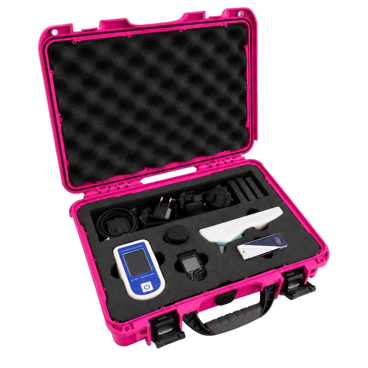 L'Euro Kit aperto nella valigetta protettiva rosa: Gluco-mini, Oxi ed Ear-T alloggiati nella spugna, con caricatori, adattatori e batterie nel loro scomparto